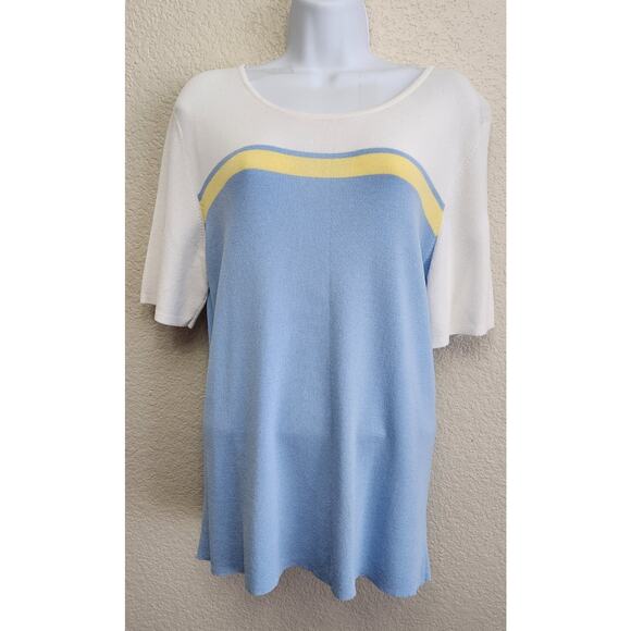 Draper's & Damon's Blue White Yellow Stripe Round Neck Top Large Lightweight - Picture 1 of 4